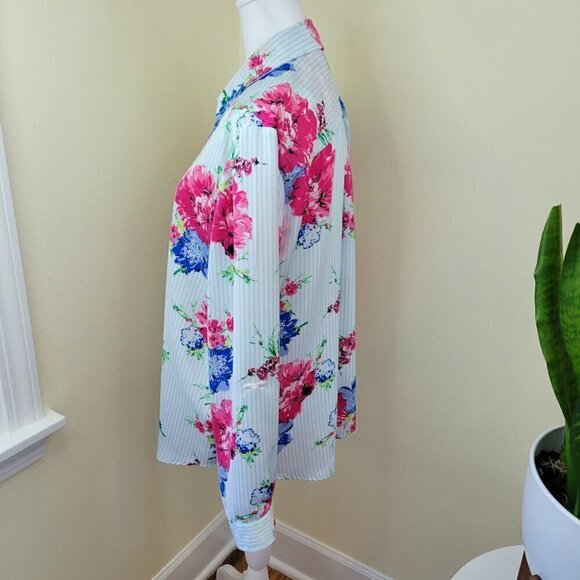 Chico’s Striped Floral Print Blouse Roll Tab Sleeve Pink Blue Women’s Size L - Picture 4 of 13